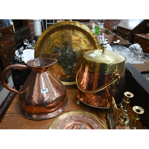 522 - Victorian copper 2-gallon conical measure to/w an Arts & Crafts copper and brass coal-box and co... 