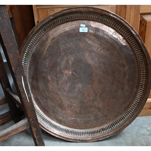 523 - Heavy quality Asian copper tray, 68 cm to/w a rustic bar stool (2)