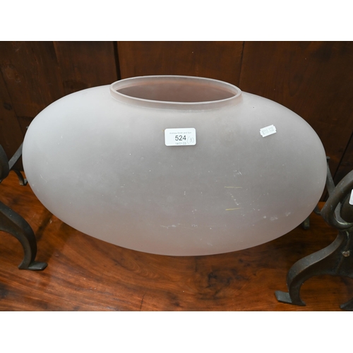 524 - #Large frosted glass ovoid vase, 30 x 50 cm to/w a pair of Art Nouveau brass fire dogs (3)... 