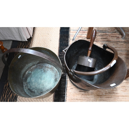 528 - Antique copper and wrought iron, a coal scuttle and flour scoop (3)