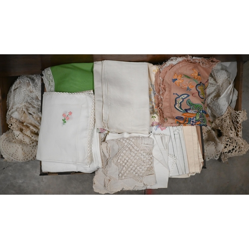 537 - Quantity of antique damask table cloths and other table-linen, costume etc (3 boxes)