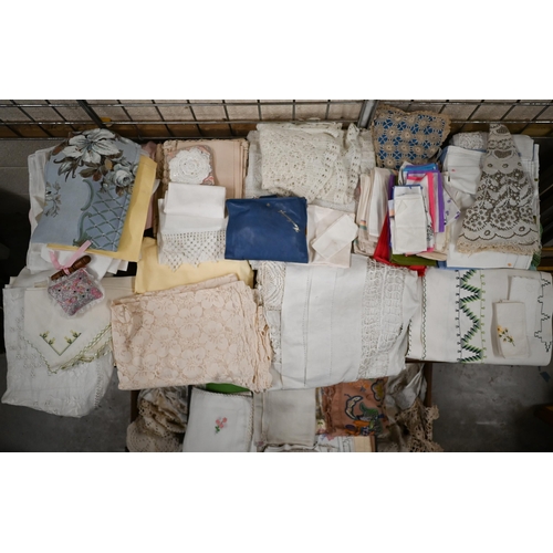 537 - Quantity of antique damask table cloths and other table-linen, costume etc (3 boxes)