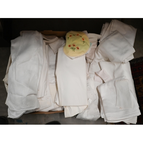 537 - Quantity of antique damask table cloths and other table-linen, costume etc (3 boxes)