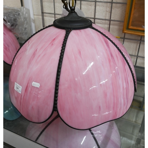 541 - Pair of pink marbled glass ceiling lightshades (with fittings), 45 cm diam