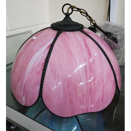 541 - Pair of pink marbled glass ceiling lightshades (with fittings), 45 cm diam