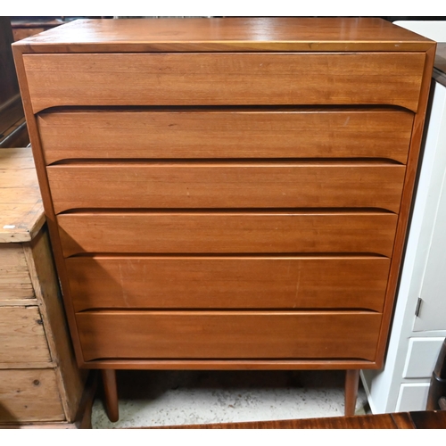 585 - A mid century teak six drawer chest on turned legs, 84 x 46 x 111 cm h