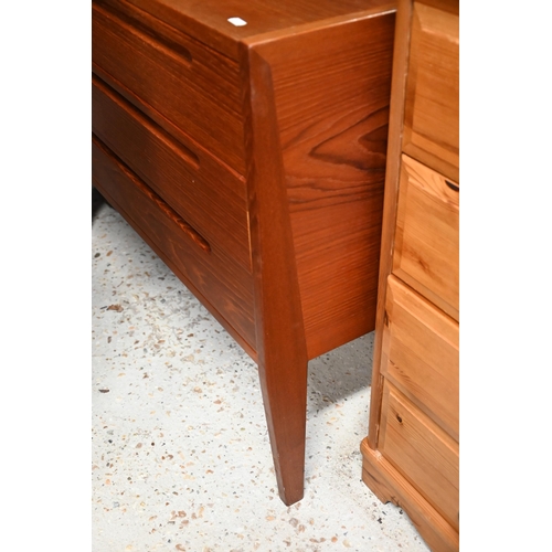 594 - A mid-century teak chest of three long drawers on square legs, 90 x 43 x 88 cm h