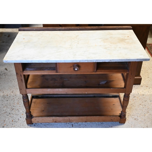 597 - An old marble top pine stand with drawer over two open shelves, 93 x 49 x 66 cm h