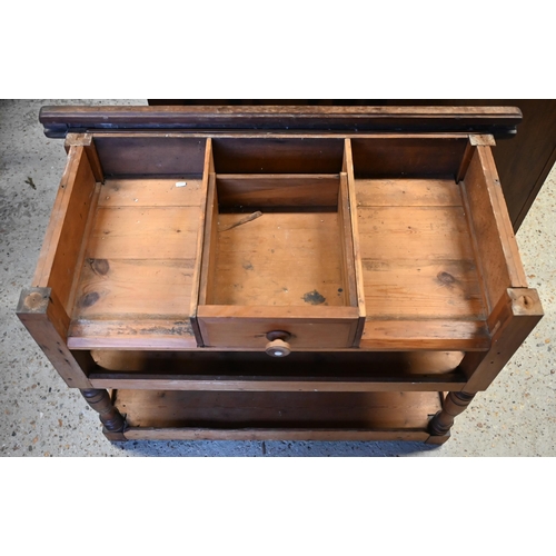 597 - An old marble top pine stand with drawer over two open shelves, 93 x 49 x 66 cm h