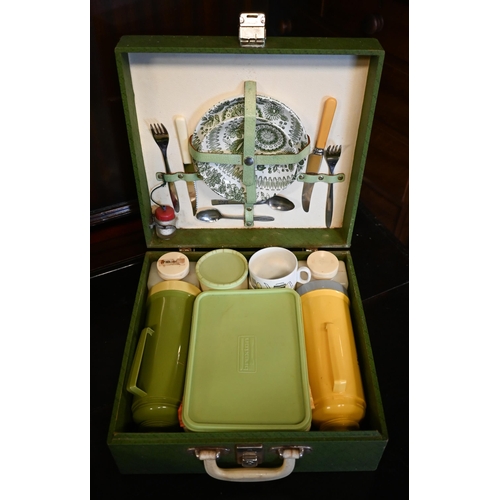 608 - A vintage Brexton picnic case with original contents to/w an HMV mahogany cased 240 v record player ... 