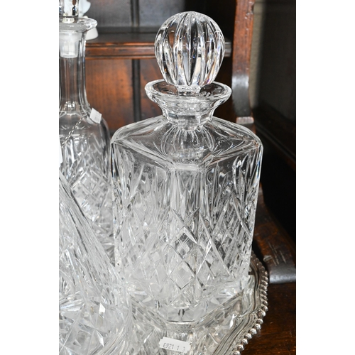 61 - Thomas Webb cut glass conical decanter and two other decanters to/w two silver decanter labels for p... 