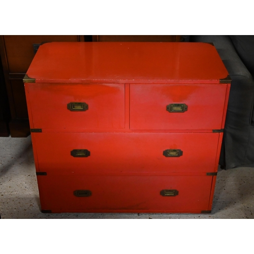 611 - Red painted, brass mounted campaign style chest of two short over two long drawers, 88 cm w x 46 cm ... 