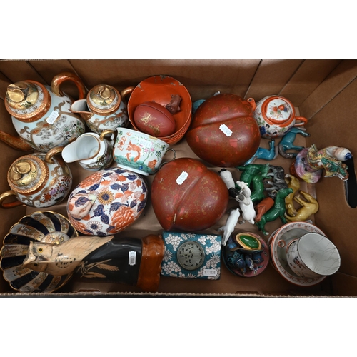 69 - Quantity of Asian ceramics and collectables including Satsuma bowl, Imari quail, pair of lacquered p... 