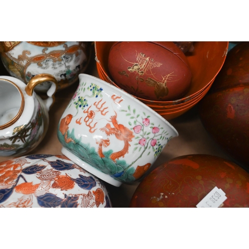 69 - Quantity of Asian ceramics and collectables including Satsuma bowl, Imari quail, pair of lacquered p... 