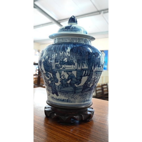 70 - Chinese porcelain blue and white dished charger, decorated with '100 Boys' pattern, 41 cm to/w two c... 