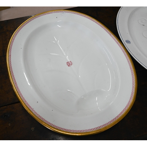 71 - Large Victorian Staffordshire china turkey-plate with gravy-well within gilt rim 53 x 43 cm, to/w an... 