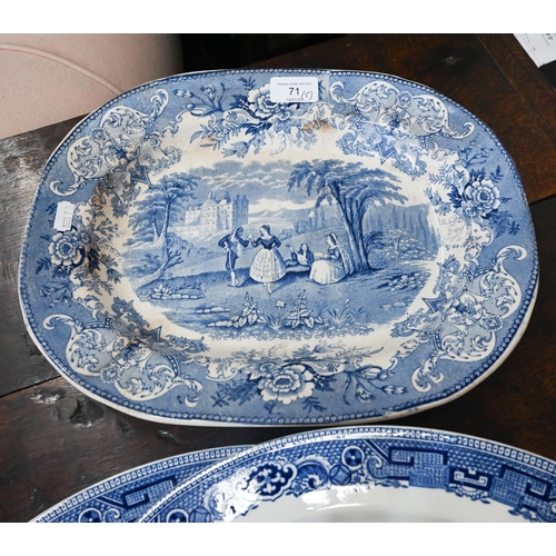 71 - Large Victorian Staffordshire china turkey-plate with gravy-well within gilt rim 53 x 43 cm, to/w an... 