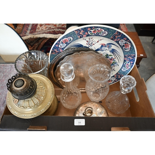 84 - #Two epns salvers and covered bowl to/w two glass decanters and two vases, oil lamp and Asian potter... 