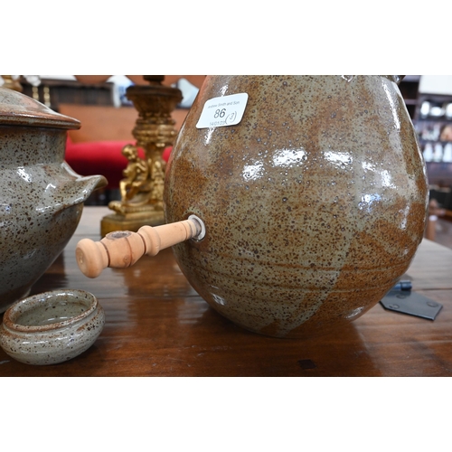 86 - Stoneware rumtopf and cover, c/w wooden spigot, to/w a storage jar and cover and an open salt (3)