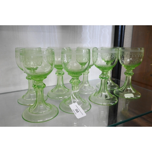 98 - Set of eight antique German cut green drinking glasses with etched decoration and monograms to/w a p... 