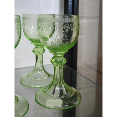 98 - Set of eight antique German cut green drinking glasses with etched decoration and monograms to/w a p... 