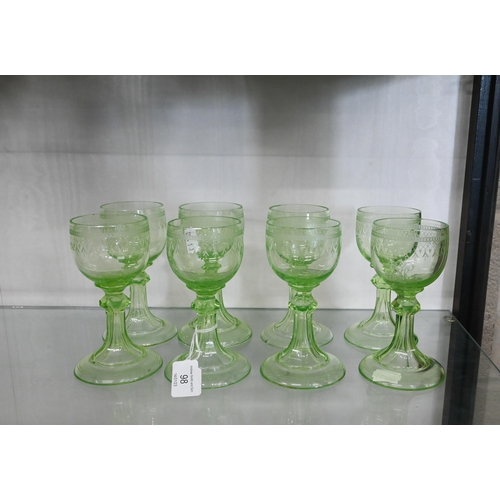 98 - Set of eight antique German cut green drinking glasses with etched decoration and monograms to/w a p... 