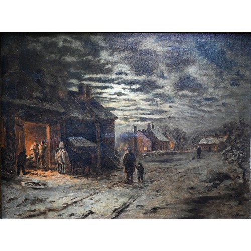 311 - English school - Village view on a winter's evening, oil on canvas, 37 x 50 cm to/w small Dutch oil ... 