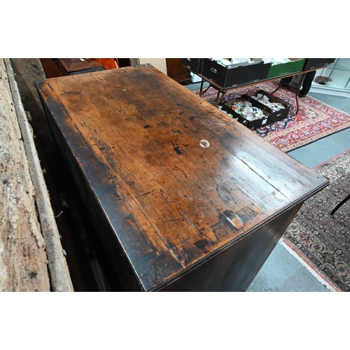 254 - An 18th century walnut chest on stand, with two short over three long graduated drawers with brass p... 