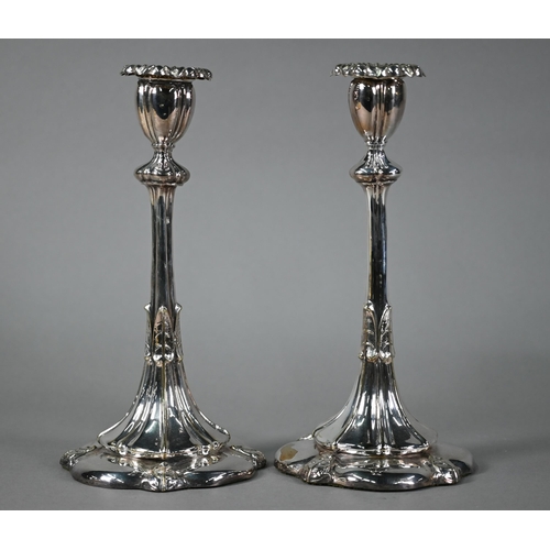 3 - Pair of US plated on copper baluster candlesticks in the Art Nouveau taste with stylised foliate dec... 