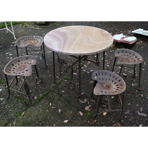 1 - An artisan designed reclaimed agricultural component garden dining set comprising a circular stonecr... 