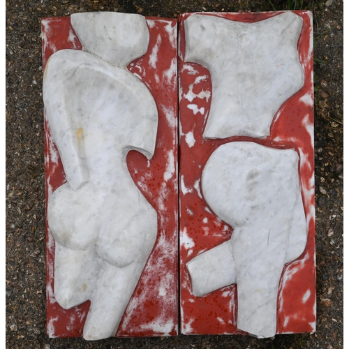 28 - A set of four carved marble plaques, abstract nude torsos (two with red paint), each approx. 61 cm x... 