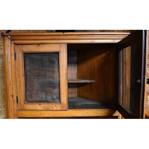 16 - An antique full height pine kitchen larder corner cabinet, with a pair of perforated panelled doors ... 