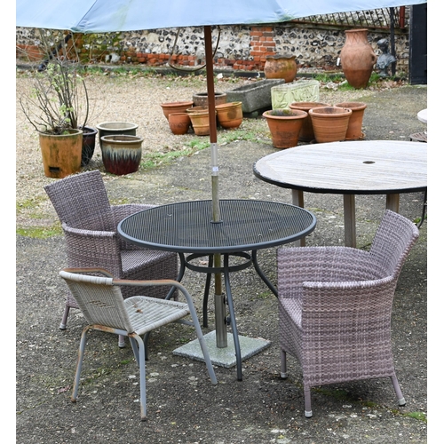 26 - A pair synthetic rattan all-weather garden chairs to/with a circular metal table, parasol and anothe... 