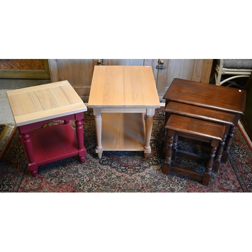 31 - Two differing coffee/lamp tables to/w a nest of three stained beech occasional tables (3)