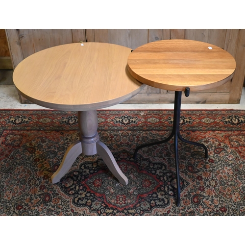 33 - A modern beech tripod table by Neptune, 60 cm dia. x 60 cm h to/w a steel framed tripod table with t... 