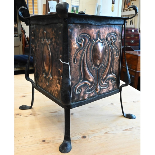 Late Victorian/Edwardian Art Nouveau wrought iron coal-bin with stylised floral-embossed copper panel, c/w tin liner, 36 cm square