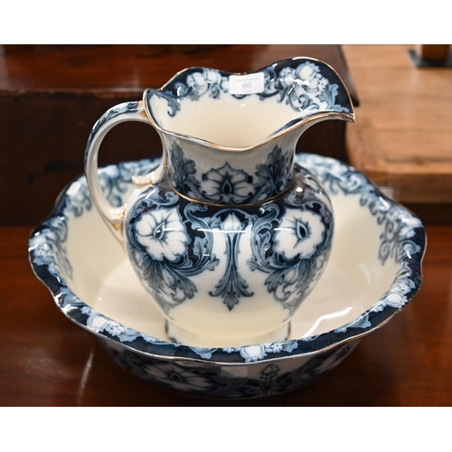 60 - Edwardian Albion Pottery 'Truro' blue and white printed ewer and basin