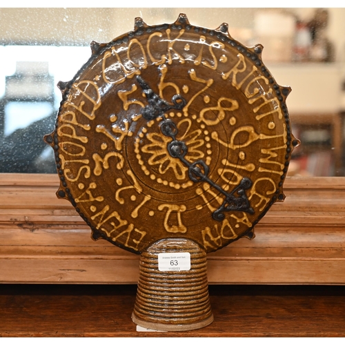 63 - A studio earthenware moonflask ornament, inscribed in slip 'Even a Stopped Clock is Right Twice a Da... 