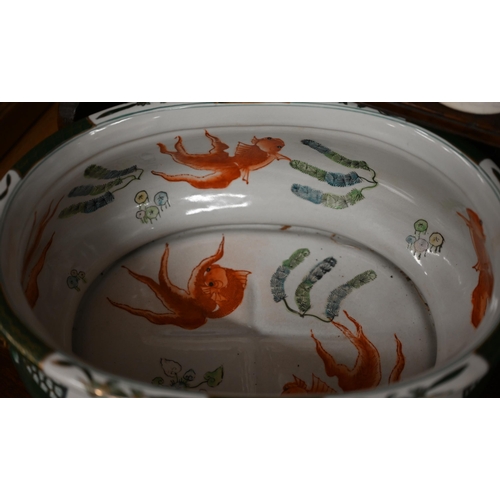 76 - Modern Chinese oval two-handled porcelain footbath printed and painted with fish, flowers and other ... 