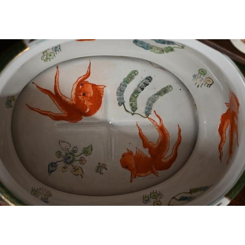 76 - Modern Chinese oval two-handled porcelain footbath printed and painted with fish, flowers and other ... 