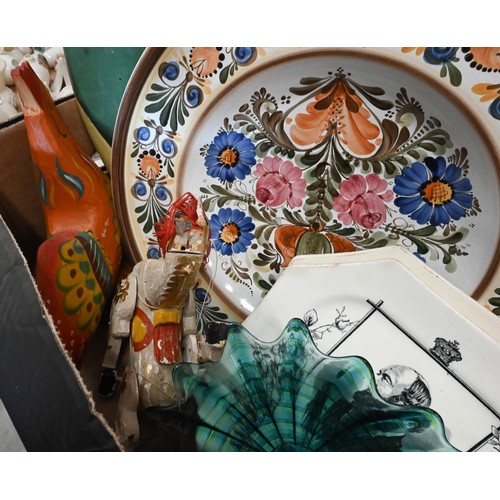 81 - A wooden decorative horse puppet and various ceramics including two Victorian plates commemorating D... 