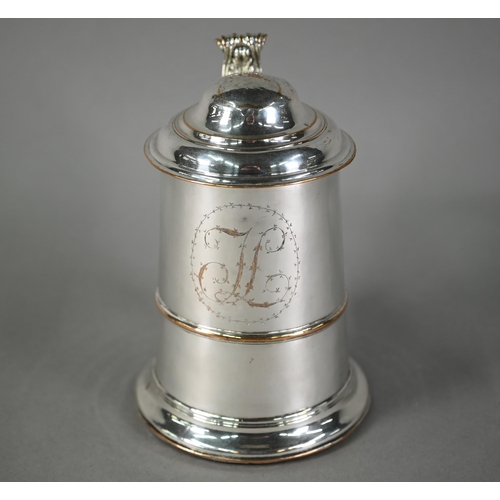 11 - Georgian Sheffield plate tankard, the domed cover with foliate scroll thumb-piece, the scroll handle... 