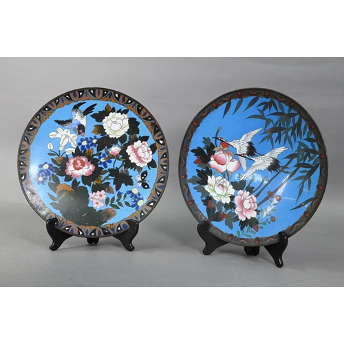 524 - A pair of 19th century Japanese cloisonne chargers, decorated in polychrome enamels with red red-cro... 