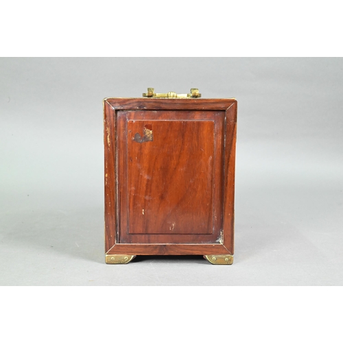 522 - A Chinese rosewood jewellery or keepsake cabinet with engraved brass mounts and top handle, the smal... 