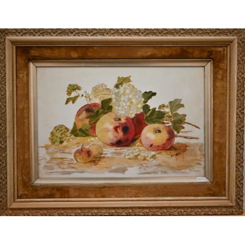 319 - F W - Still life study with fruit, oil on ceramic? panel, signed with initials and dated 1906, 29 x ... 