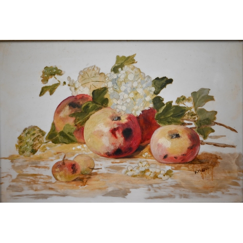 319 - F W - Still life study with fruit, oil on ceramic? panel, signed with initials and dated 1906, 29 x ... 