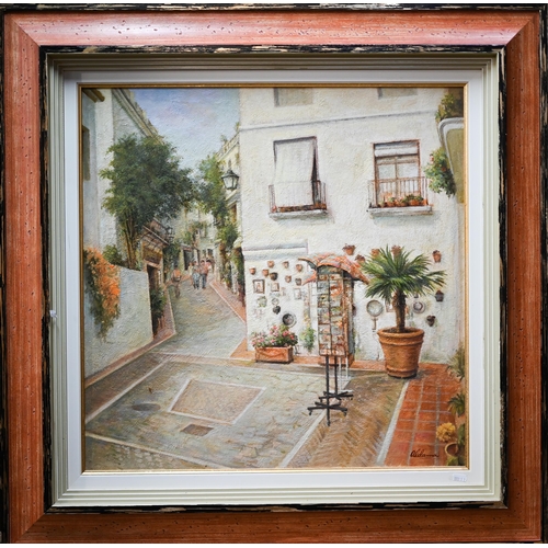 323 - Aldama - Marbella street view, oil on board, signed lower right, 62 x 62 cm