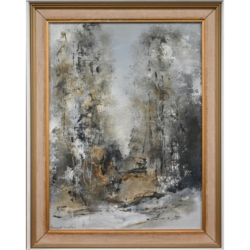 326 - Margaret Woolley - Abstract landscape, oil on board, signed, 39 x 29 cm