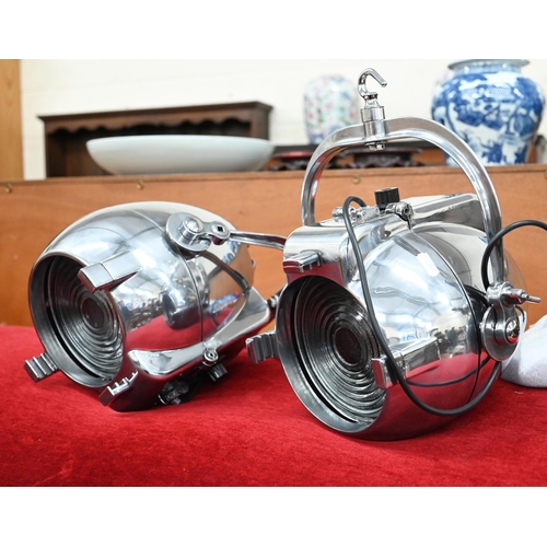 468 - Two vintage polished aluminium Strand Patt 123 theatre Fresnel spotlights, refurbished originals (2)