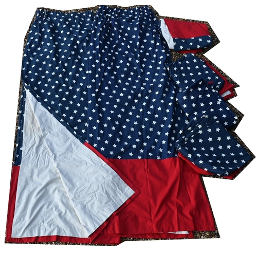 472 - # Three pairs of US flag-style curtains, each 109 x 230 cm with stars and red panel designs, black o... 